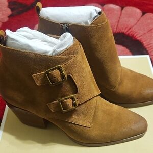 Michael Kors Chestnut Suede Ankle Booties with Buckle Straps